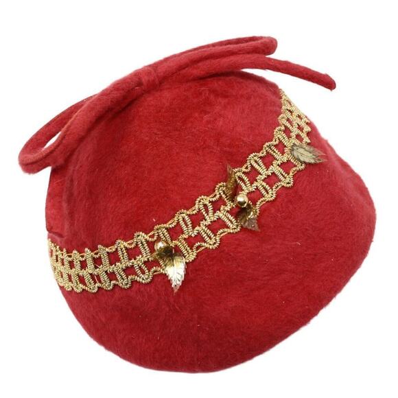 Vintage Hat Red Cascasine Fur Metallic Trim Big Bow Gage Brothers Tag - Hey Viv - Picture 5 of 9
